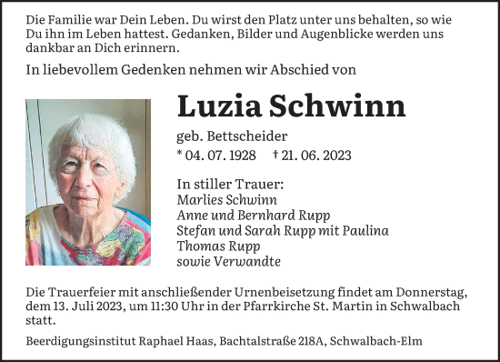 Todesanzeige von Luzia Schwinn von saarbruecker_zeitung