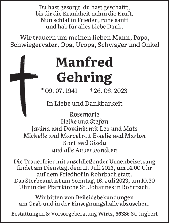 Todesanzeige von Manfred Gehring von saarbruecker_zeitung