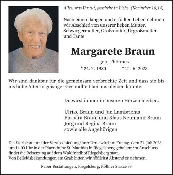 Todesanzeige von Margarete Braun von saarbruecker_zeitung