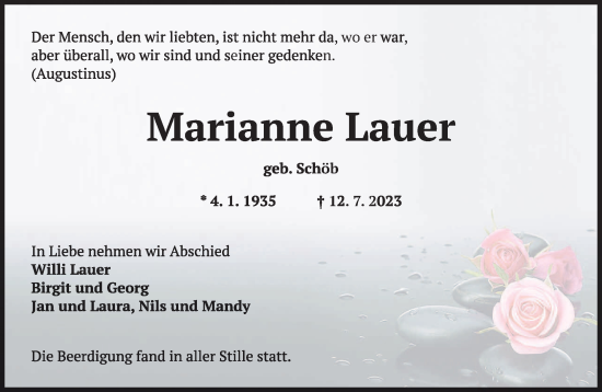 Todesanzeige von Marianne Lauer von saarbruecker_zeitung