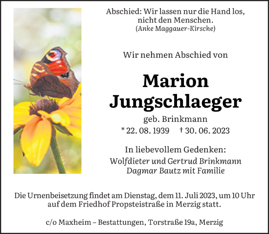 Todesanzeige von Marion Jungschlaeger von saarbruecker_zeitung