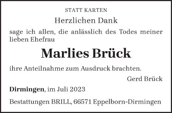 Todesanzeige von Marlies Brück von saarbruecker_zeitung