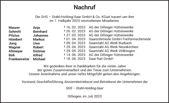 Todesanzeige von Nachruf Stahl-Holding-Saar GmbH  Co. KGaA von saarbruecker_zeitung