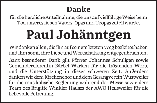 Todesanzeige von Paul Johänntgen von saarbruecker_zeitung