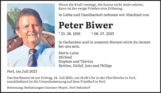 Todesanzeige von Peter Biwer von saarbruecker_zeitung