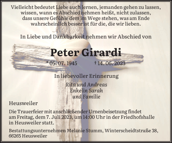 Todesanzeige von Peter Girardi von saarbruecker_zeitung