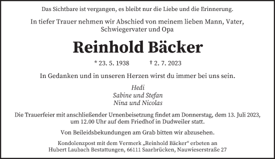 Todesanzeige von Reinhold Bäcker von saarbruecker_zeitung