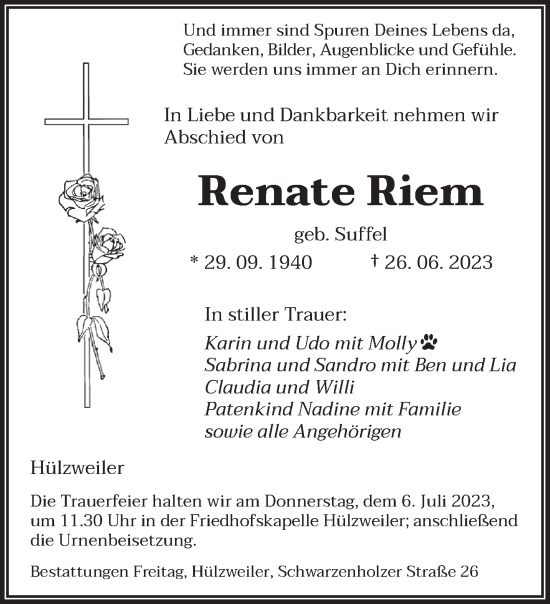 Todesanzeige von Renate Riem von saarbruecker_zeitung