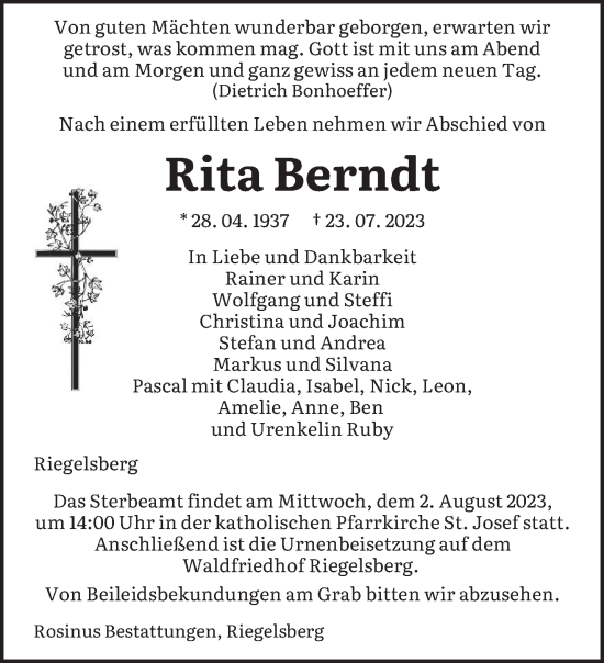 Todesanzeige von Rita Berndt von saarbruecker_zeitung