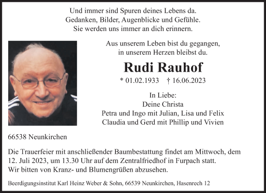 Todesanzeige von Rudi Rauhof von saarbruecker_zeitung