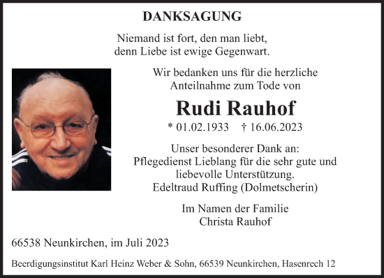 Todesanzeige von Rudi Rauhof von saarbruecker_zeitung