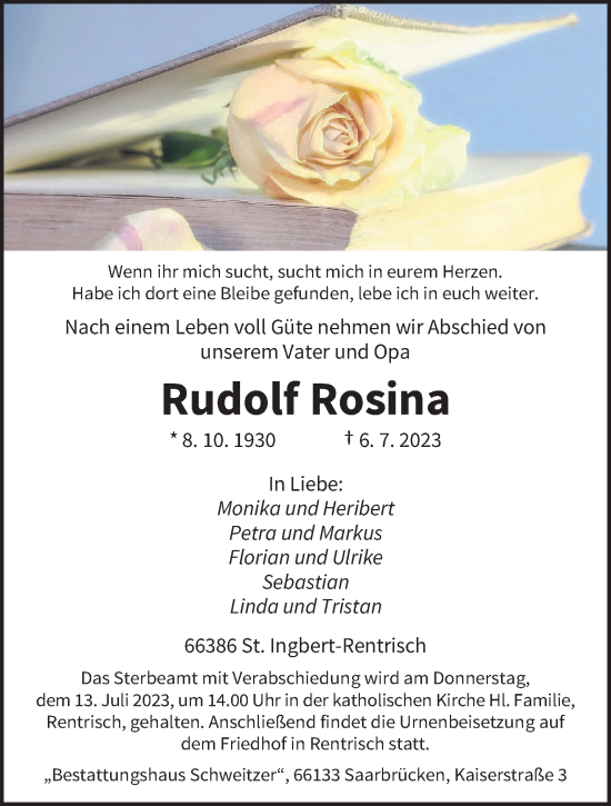 Todesanzeige von Rudolf Rosina von saarbruecker_zeitung