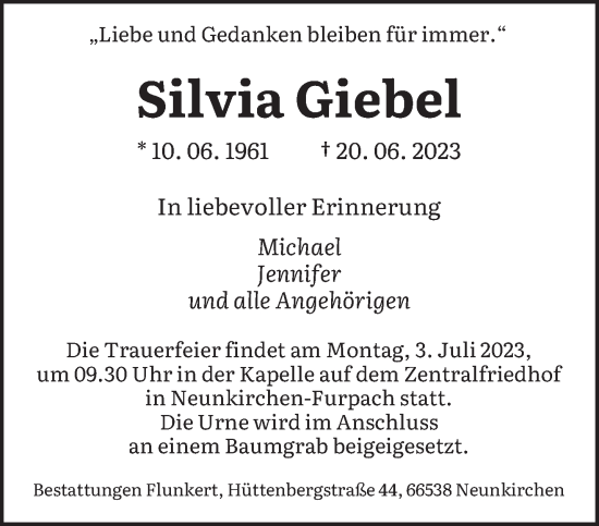 Todesanzeige von Silvia Giebel von saarbruecker_zeitung