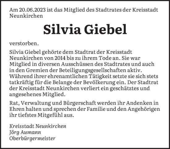 Todesanzeige von Silvia Giebel von saarbruecker_zeitung