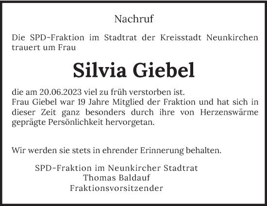 Todesanzeige von Silvia Giebel von saarbruecker_zeitung