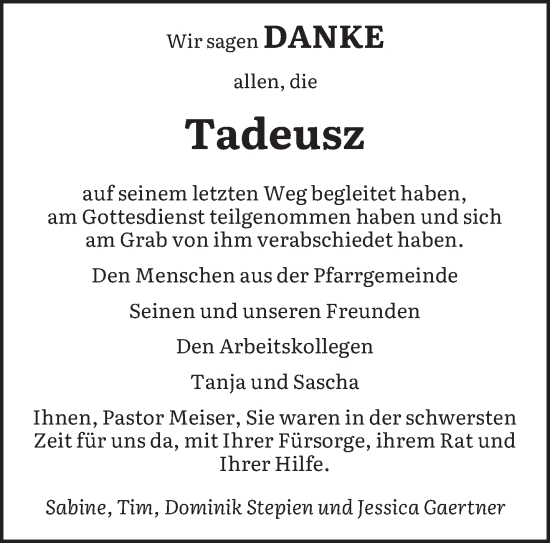 Todesanzeige von Tadeusz  von saarbruecker_zeitung