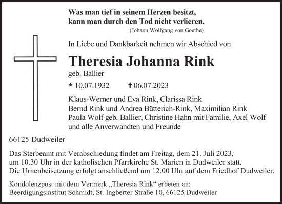 Todesanzeige von Theresia Johanna Rink von saarbruecker_zeitung