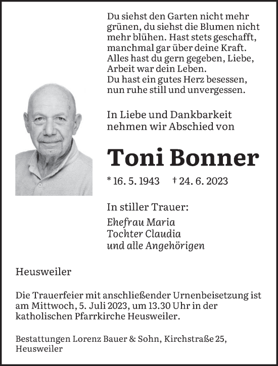 Todesanzeige von Toni Bonner von saarbruecker_zeitung