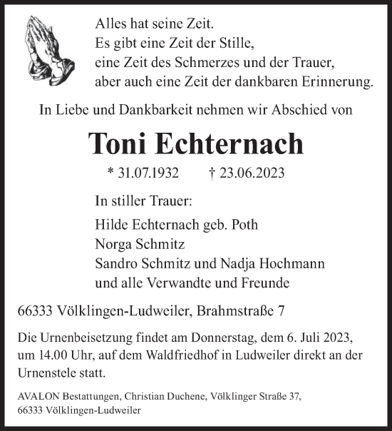 Todesanzeige von Toni Echternach von saarbruecker_zeitung