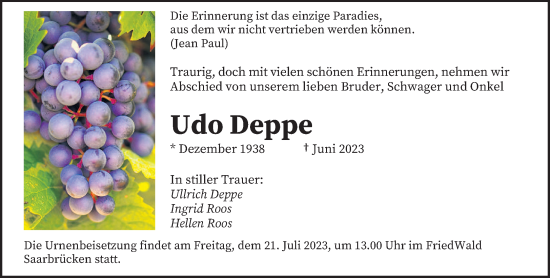 Todesanzeige von Udo Deppe von saarbruecker_zeitung