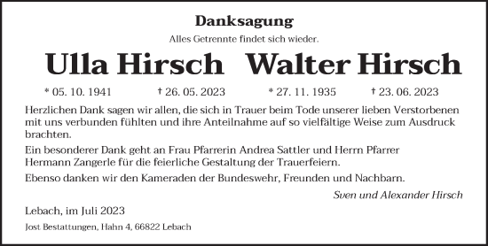 Todesanzeige von Ulla und Walter Hirsch von saarbruecker_zeitung