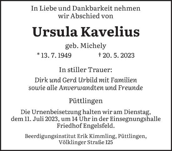 Todesanzeige von Ursula Kavelius von saarbruecker_zeitung