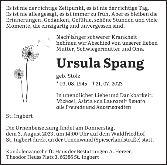 Todesanzeige von Ursula Spang von saarbruecker_zeitung