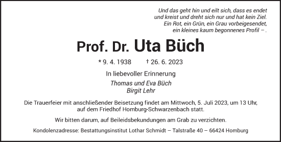 Todesanzeige von Uta Büch von saarbruecker_zeitung