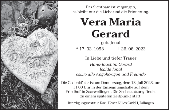Todesanzeige von Vera Maria Gerard von saarbruecker_zeitung