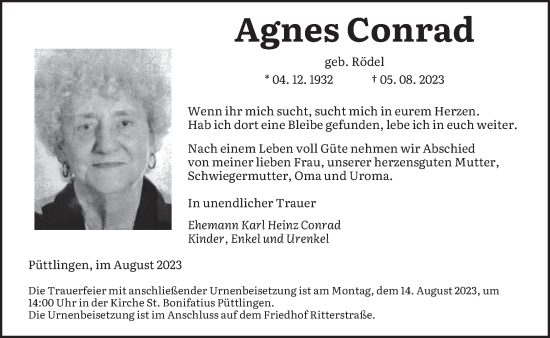 Todesanzeige von Agnes Conrad von saarbruecker_zeitung