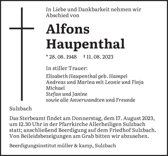 Todesanzeige von Alfons Haupenthal von saarbruecker_zeitung