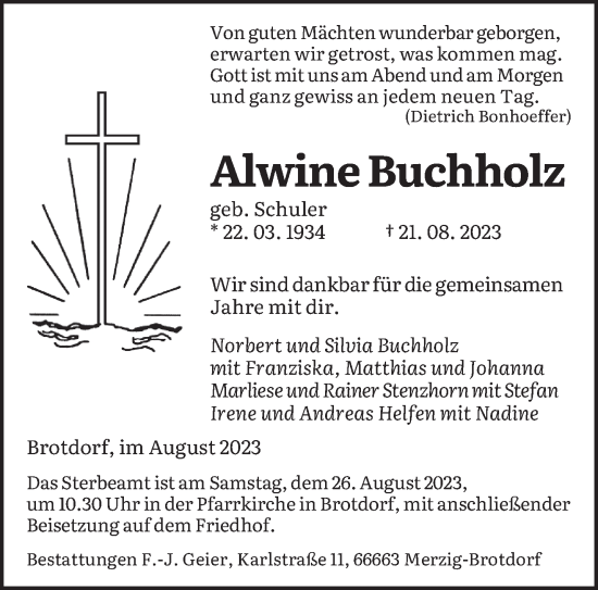 Todesanzeige von Alwine Buchholz von saarbruecker_zeitung