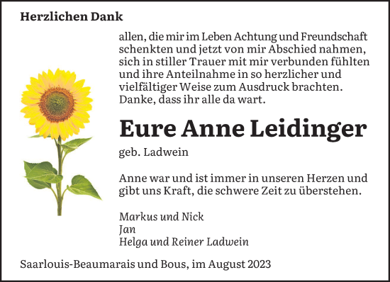 Todesanzeige von Anne Leidinger von saarbruecker_zeitung