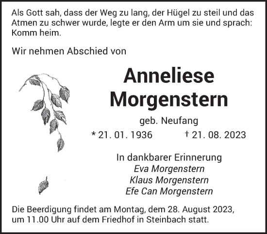 Todesanzeige von Anneliese Morgenstern von saarbruecker_zeitung