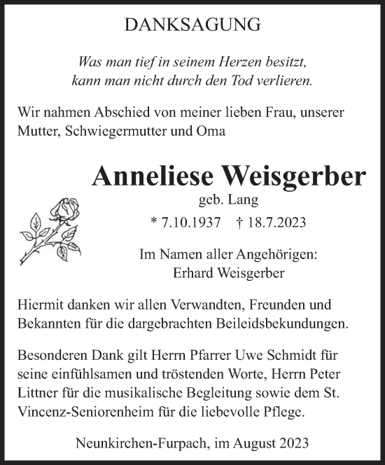 Todesanzeige von Anneliese Weisgerber von saarbruecker_zeitung