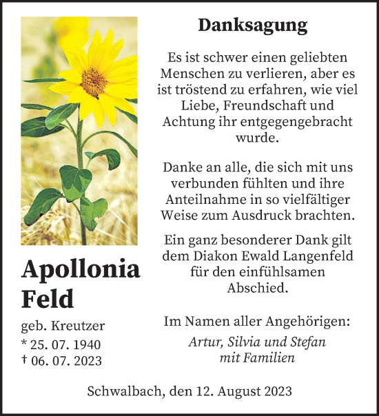 Todesanzeige von Apollonia Feld von saarbruecker_zeitung