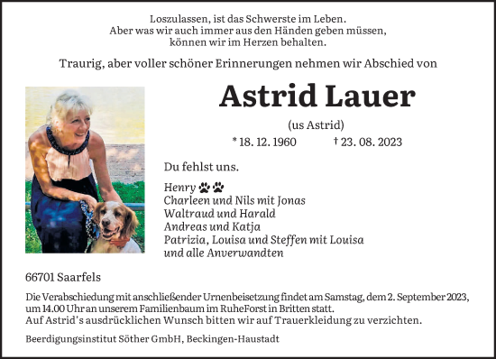 Todesanzeige von Astrid Lauer von saarbruecker_zeitung