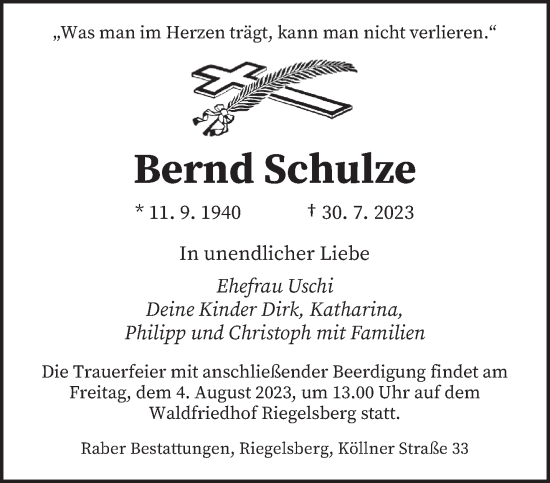 Todesanzeige von Bernd Schulze von saarbruecker_zeitung