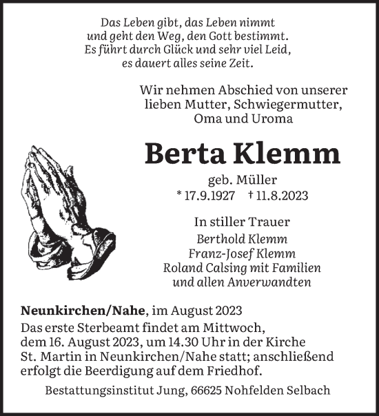 Todesanzeige von Berta Klemm von saarbruecker_zeitung