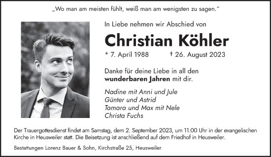 Todesanzeige von Christian Köhler von saarbruecker_zeitung