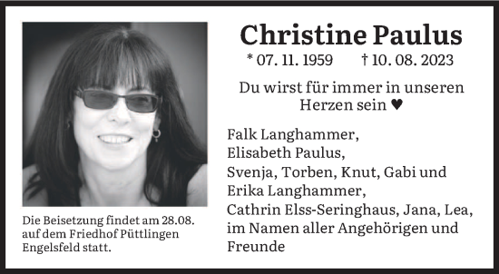 Todesanzeige von Christine Paulus von saarbruecker_zeitung