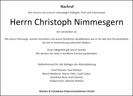 Todesanzeige von Christoph Nimmesgern von saarbruecker_zeitung