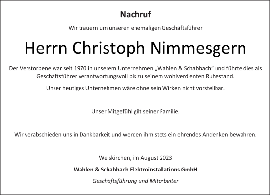 Todesanzeige von Christoph Nimmesgern von saarbruecker_zeitung