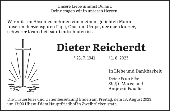 Todesanzeige von Dieter Reicherdt von saarbruecker_zeitung