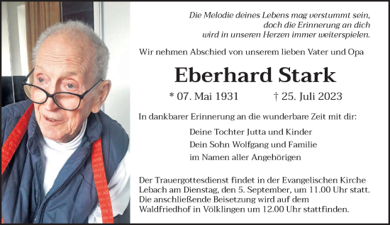 Todesanzeige von Eberhard Stark von saarbruecker_zeitung
