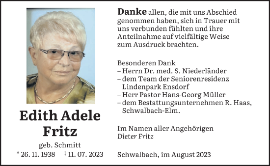 Todesanzeige von Edith Adele Fritz von saarbruecker_zeitung