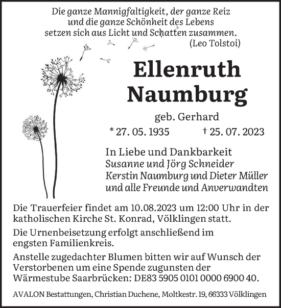 Todesanzeige von Ellenruth Naumburg von saarbruecker_zeitung