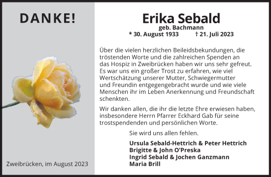 Todesanzeige von Erika Sebald von saarbruecker_zeitung