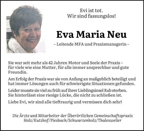 Todesanzeige von Eva Maria Neu von saarbruecker_zeitung