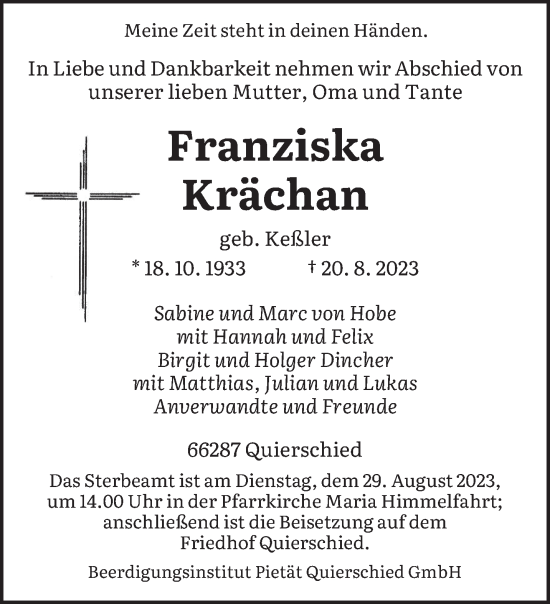 Todesanzeige von Franziska Krächan von saarbruecker_zeitung